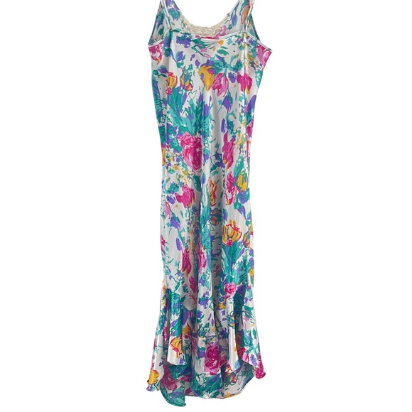 Vintage Cinema Etoile 80s Floral Satin Slip Dress Lace Trim Ruffle Hem Maxi - Picture 6 of 10